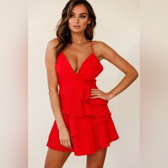 Selfie Leslie Feminine Red Plunge Ruffle Mini Dress Romantic Cocktail - Picture 1 of 8